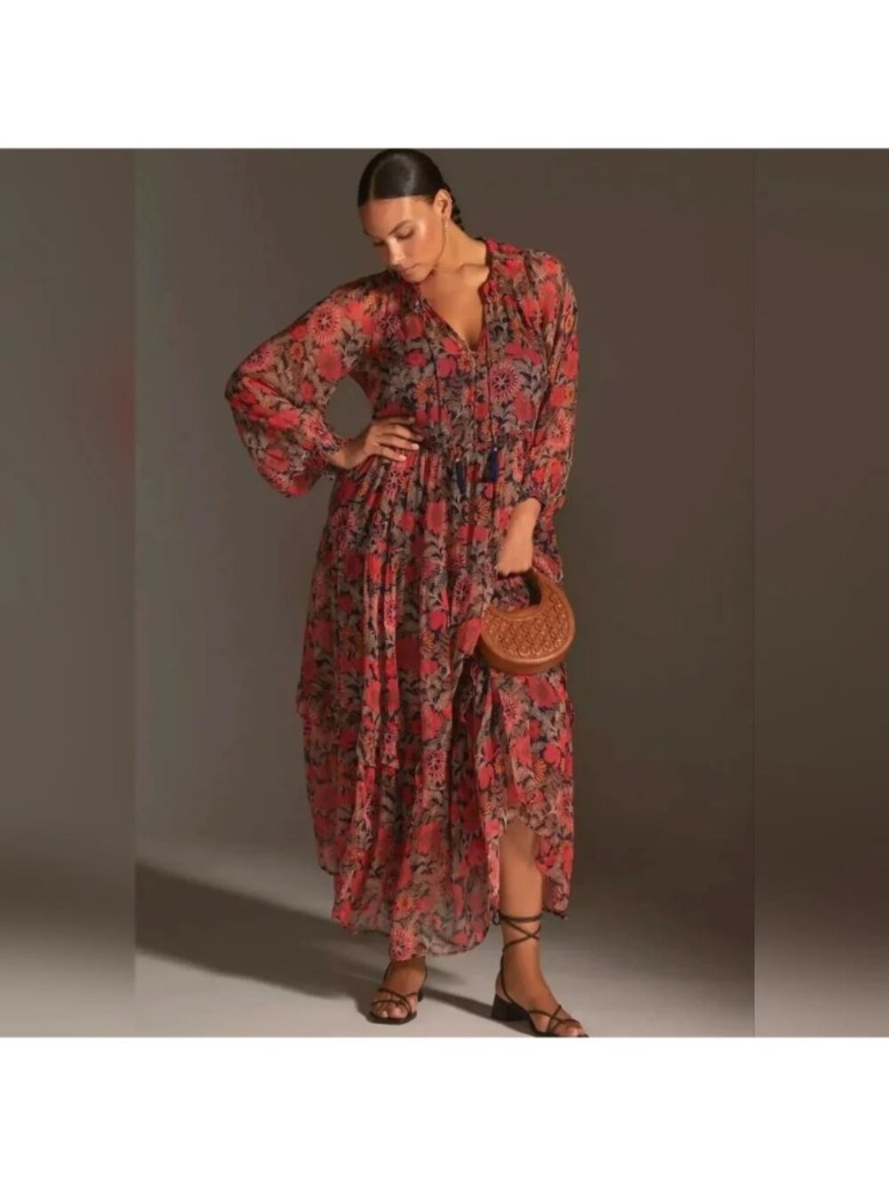 Anthropologie Marais Coral Red Printed Chiffon Maxi Dress Size L Floral Boho NWD